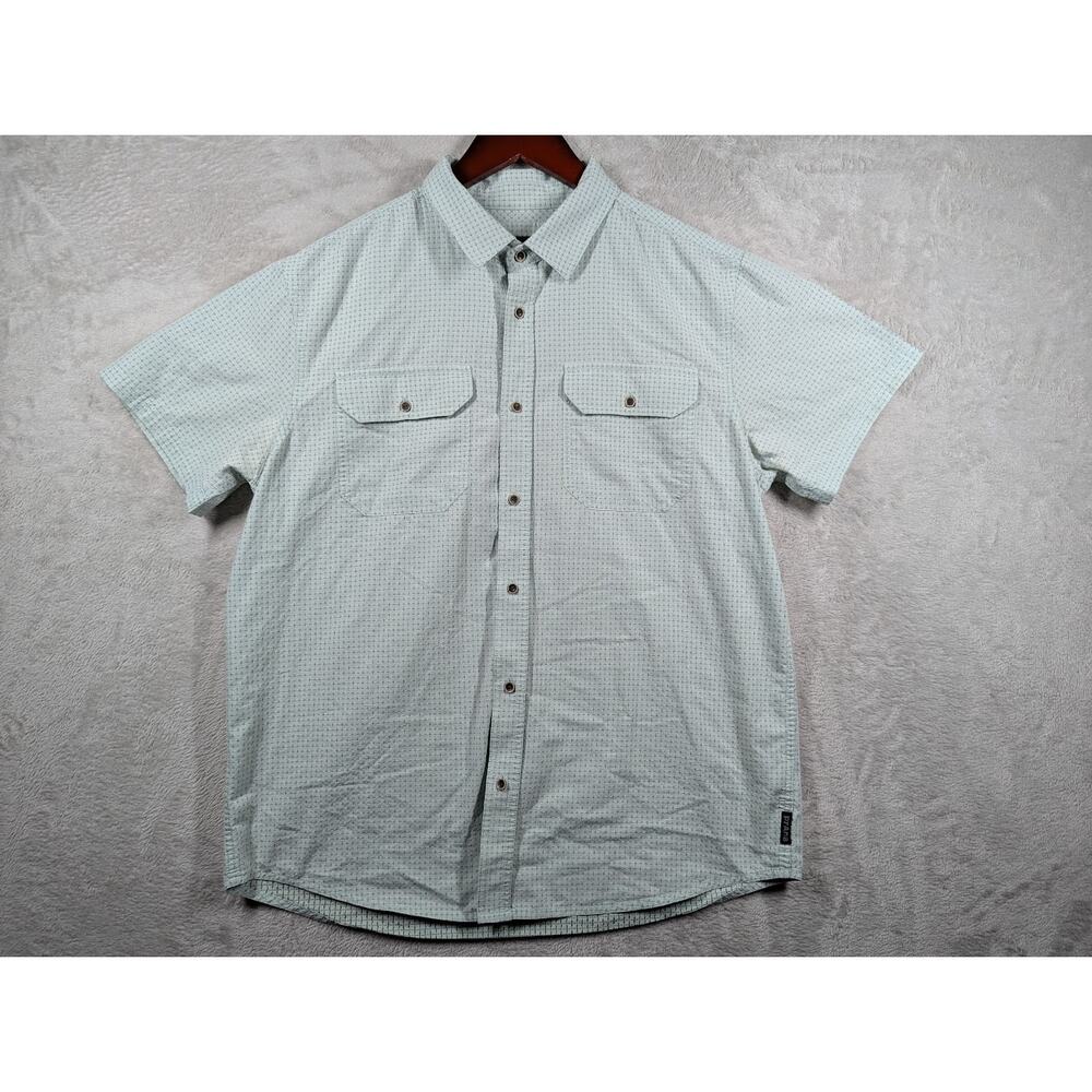 PrAna Mens Button Up Outdoor Hiking Pockets Green Shirt Short Sleeve Sz MEDIUM